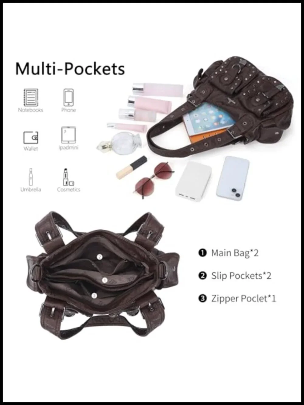 Y2K Hobo Bag for Women Vegan Leather Multi Pocket Shoulder Tote